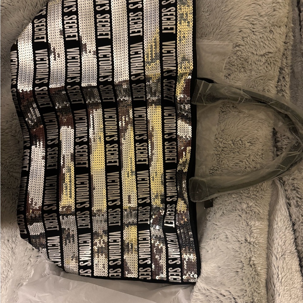 Victoria's Secret Black and Gold Sequin Tote Bag
